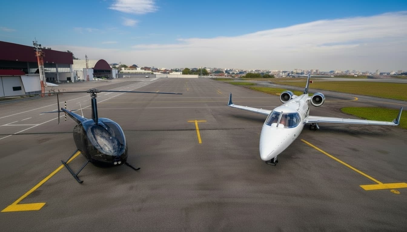 Helicóptero Robinson R66 e jato executivo no pátio, foto publicada no site da VIP Aviation